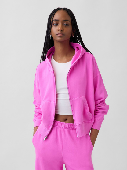 VintageSoft Terry Oversized Wedge Zip Hoodie - Neon pink glow