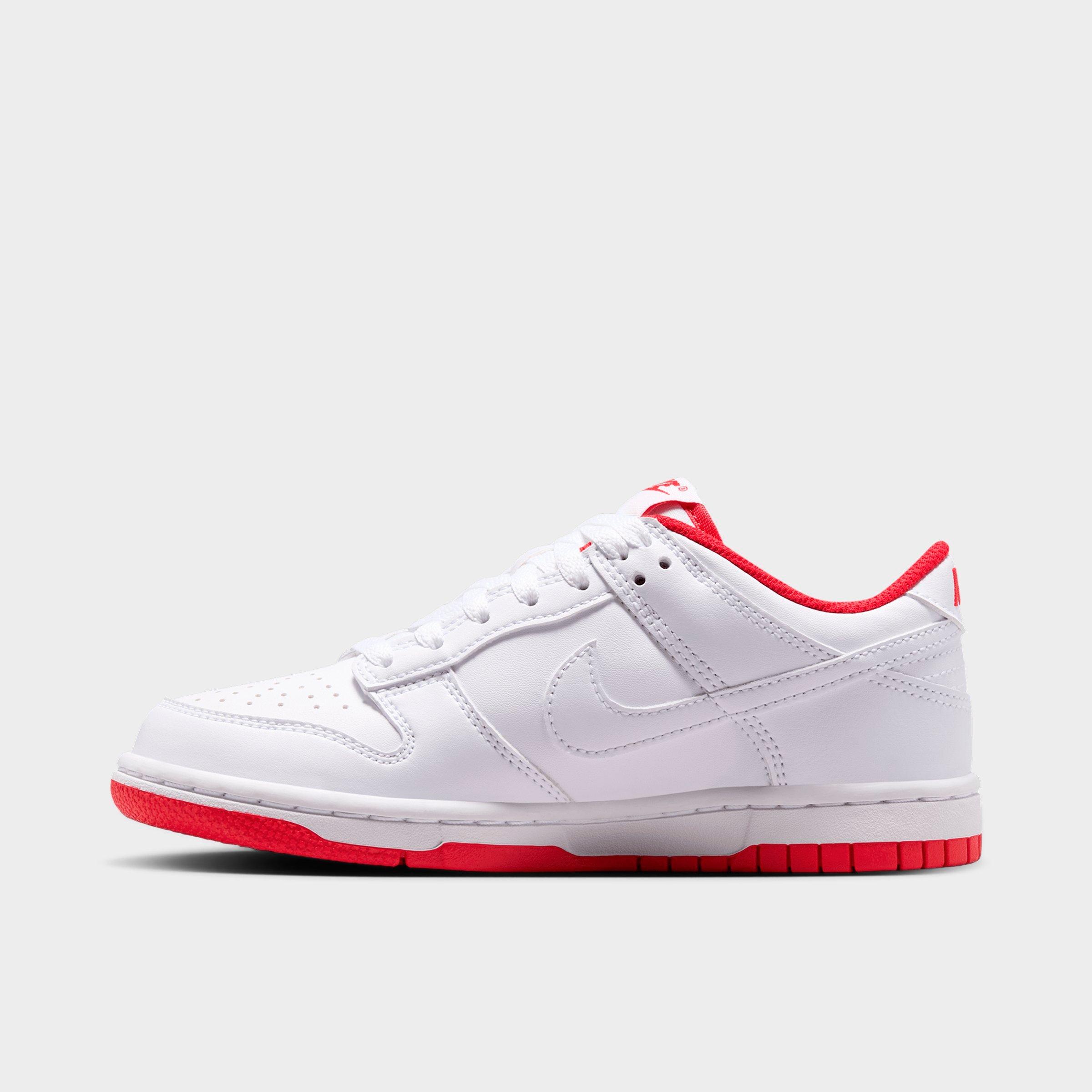 Big Kids' Nithtke Dunk Low Casual Shoes - Part 2 - White/University Red/White - Left shoe facing left. Outside of the shoe.