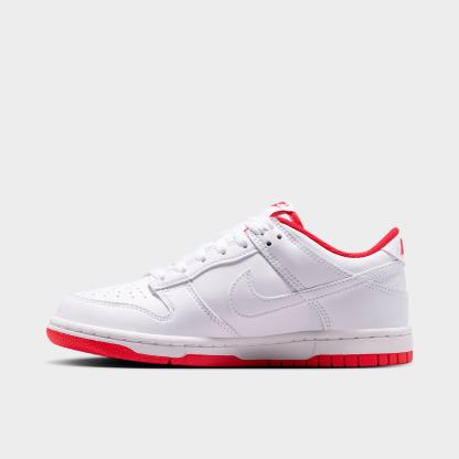 Big Kids' Nithtke Dunk Low Casual Shoes - Part 2 - White/University Red/White - Left shoe facing left. Outside of the shoe.