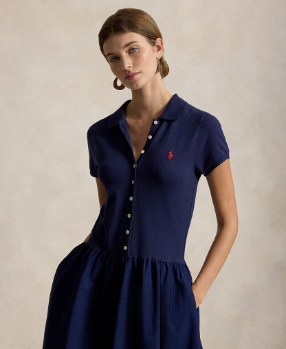 Polo Ralph Lauren Women's Hybrid Mesh Polo Collar A-Line Dress - Newport Navy