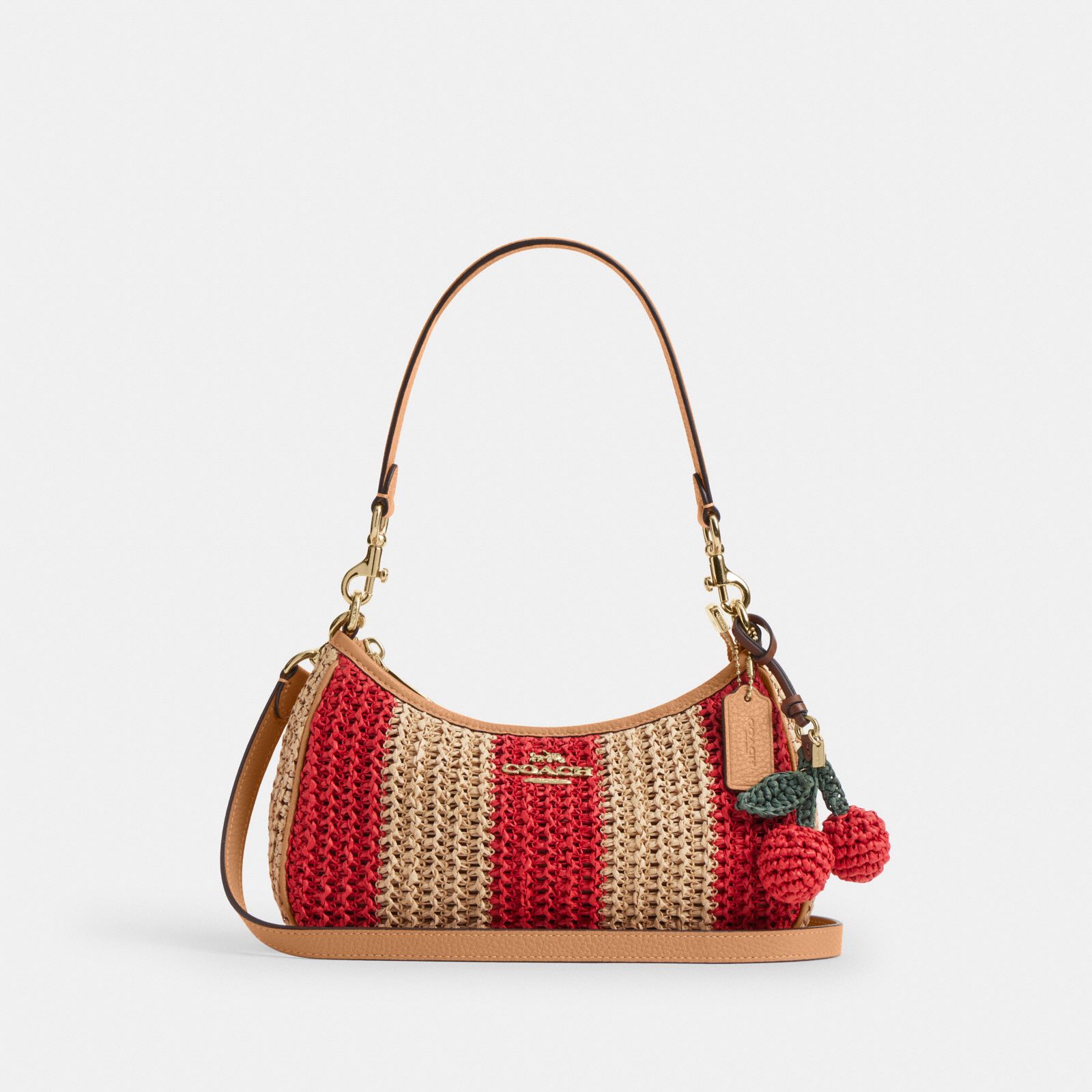 Teri Shoulder Bag With Stripes And Charm - Gold/Red/Tan