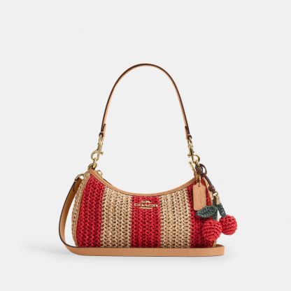 Teri Shoulder Bag With Stripes And Charm - Gold/Red/Tan