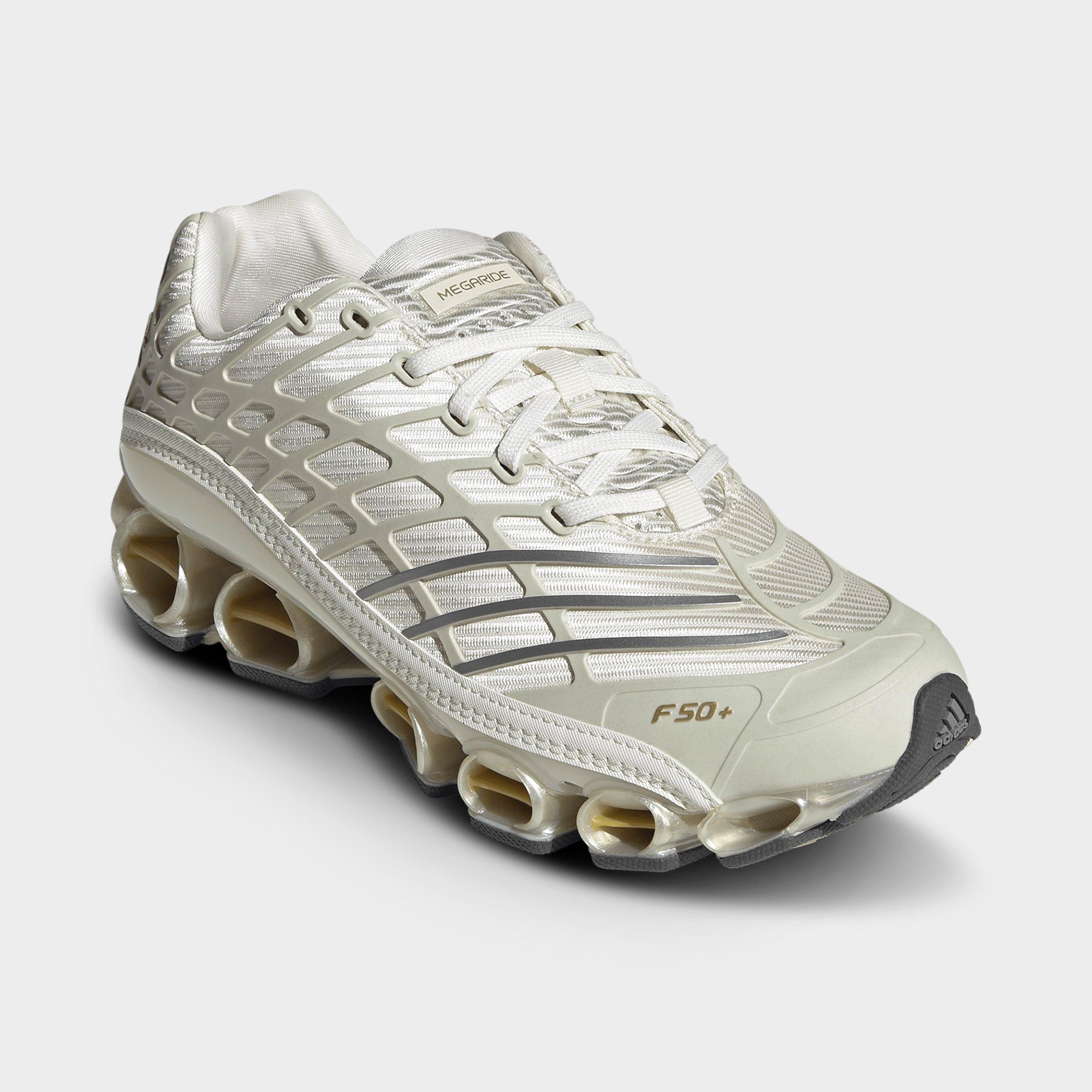 Men's adidas Megaride F50 Casual Shoes - Cloud White/Ice Gold Metallic/Gold Metallic - Both shoes facing left