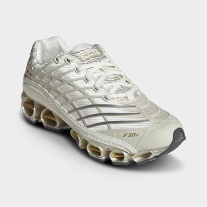 Men's adidas Megaride F50 Casual Shoes - Cloud White/Ice Gold Metallic/Gold Metallic - Both shoes facing left