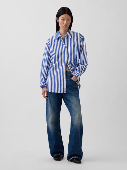 Organic Cotton Poplin Big Shirt - Blue stripe