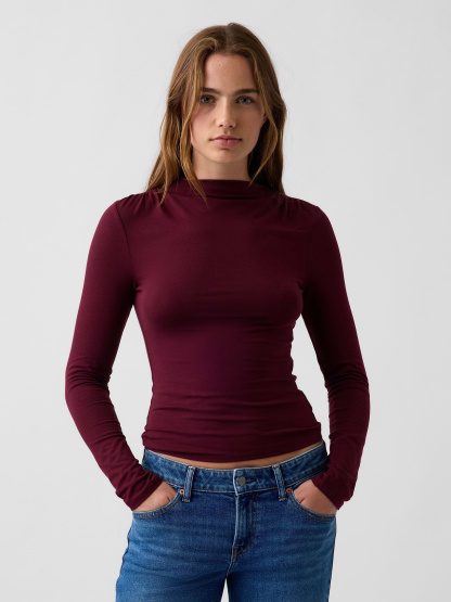 CloseKnit Jersey Funnel-Neck Ruched T-Shirt - Noir red