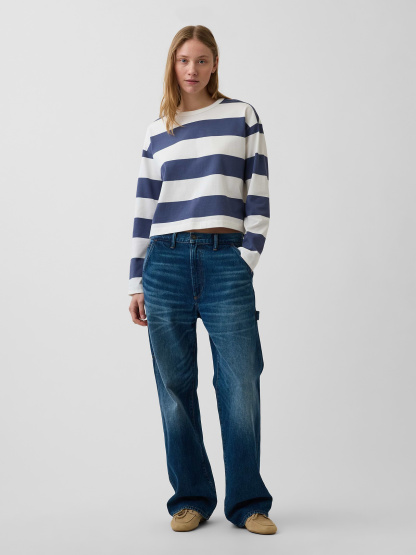 Knit Oversized Crop T-Shirt - Blue stripe
