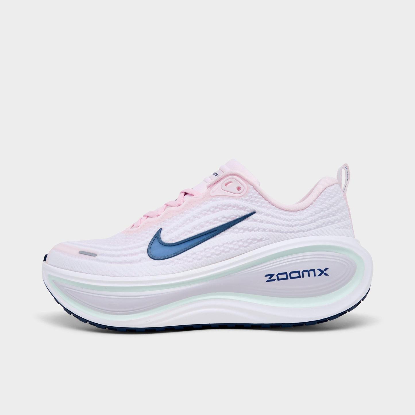 Women's Nithtke Vomero Plus Running Shoes - Part 1 - Pearl Pink/Midnight Blue/Barely Green/White - Left shoe facing left. Outside of the shoe.