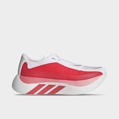 Men's adidas Hyperboost Edge Running Shoes - Part 1 - Cloud White/Pure Ruby/Metallic - Left shoe facing left. Outside of the shoe.