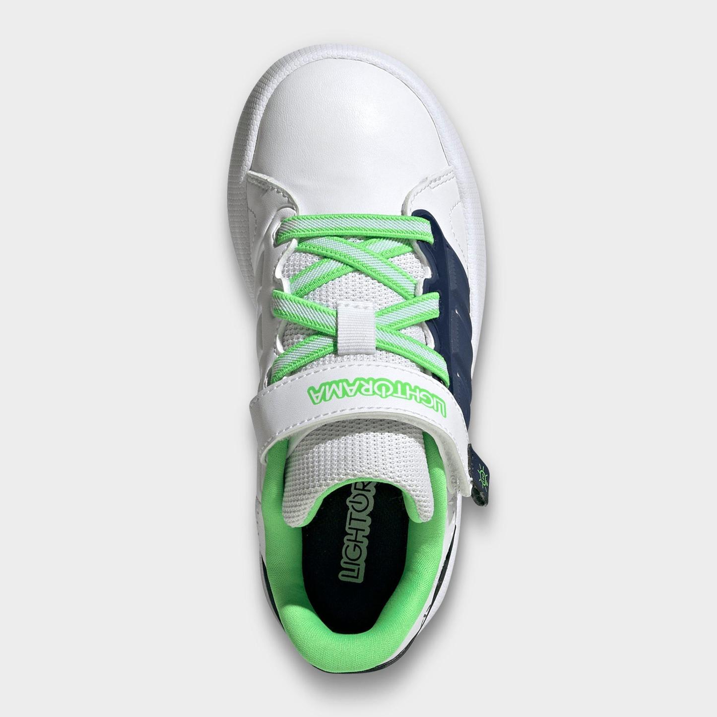 Little Kids' adidas x Minecraft Lightorama Court Stretch Lace Hook-And-Loop Casual Shoes - Cloud White/Night Indigo/Screaming Green - Top view