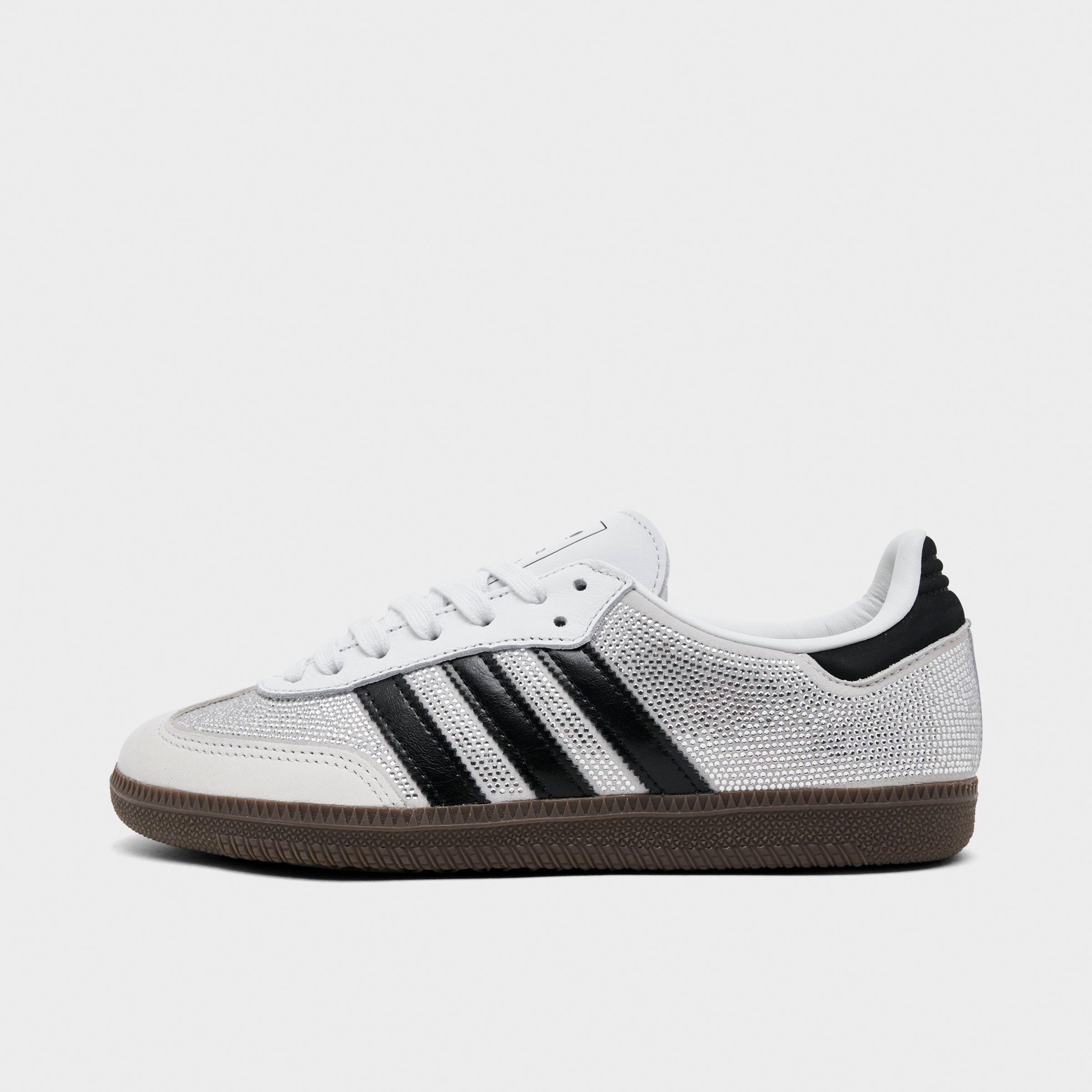 Women's adidas Originals Samba OG Rhinestone Casual Shoes - Crystal White/Core White/Silver Metallic - Left shoe facing left. Outside of the shoe.