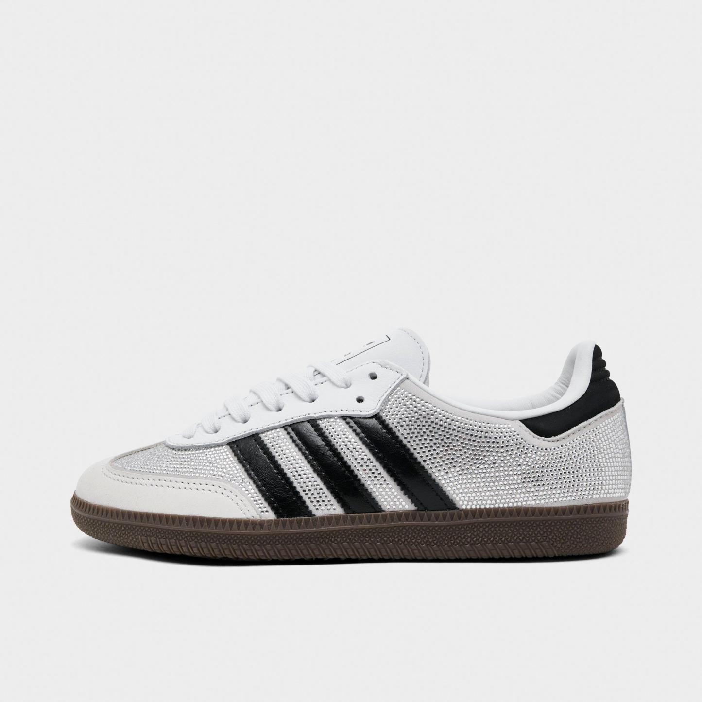 Women's adidas Originals Samba OG Rhinestone Casual Shoes - Crystal White/Core White/Silver Metallic - Left shoe facing left. Outside of the shoe.