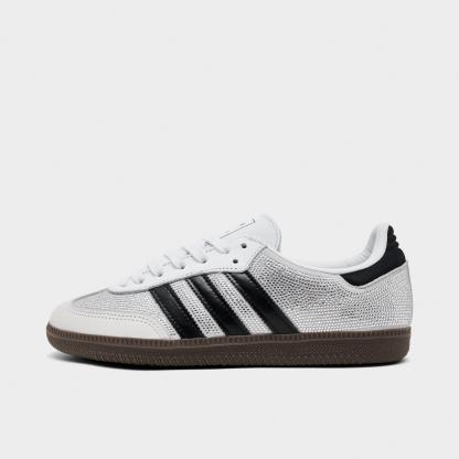 Women's adidas Originals Samba OG Rhinestone Casual Shoes - Crystal White/Core White/Silver Metallic - Left shoe facing left. Outside of the shoe.