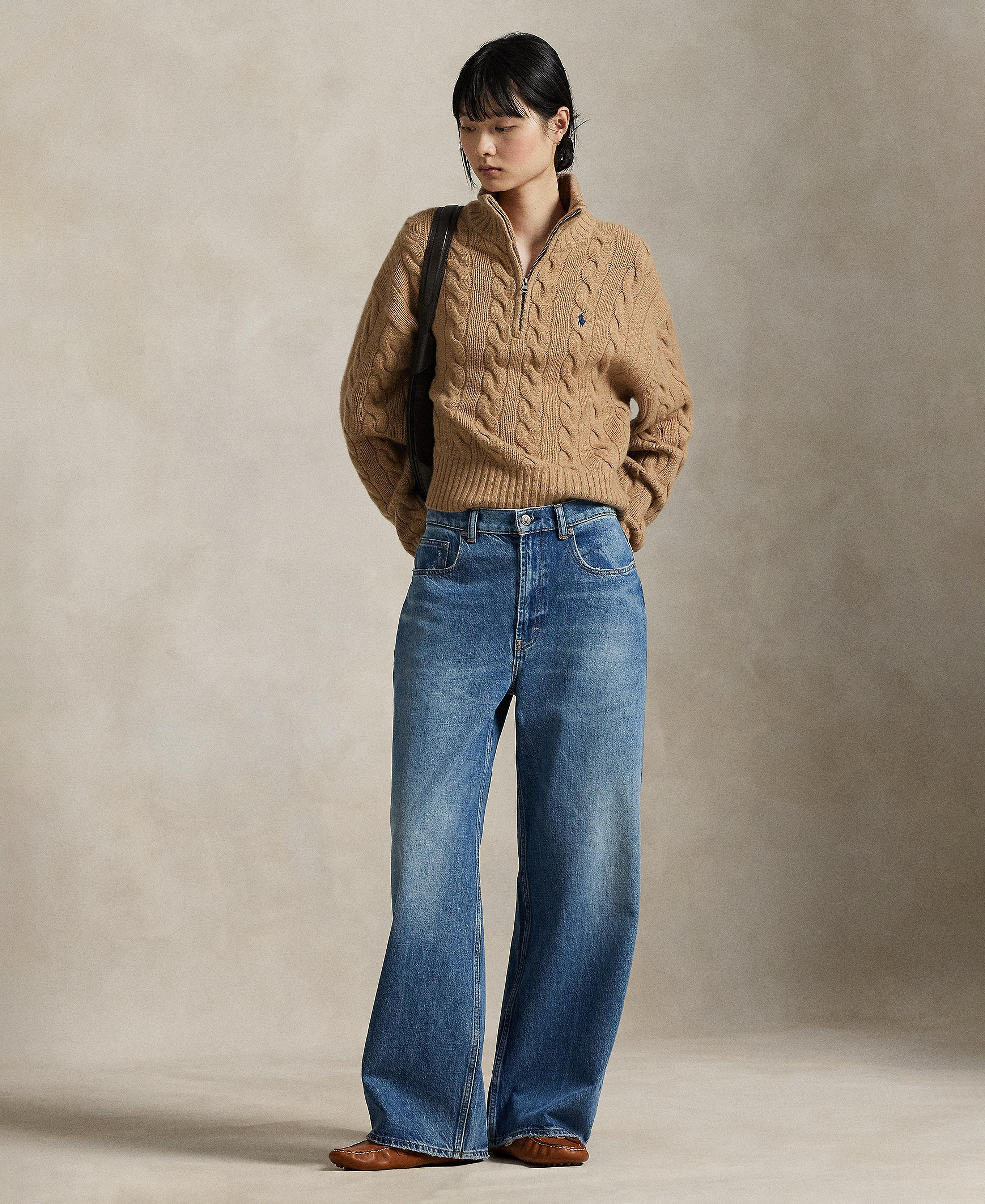 Polo Ralph Lauren Women's Cable-Knit Half-Zip Wool-Cashmere Sweater - Collection Camel Melange