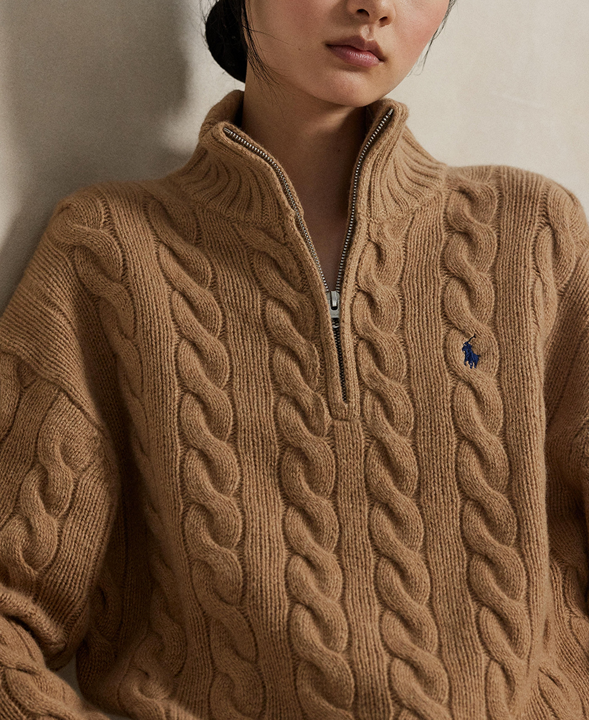 Polo Ralph Lauren Women's Cable-Knit Half-Zip Wool-Cashmere Sweater - Collection Camel Melange
