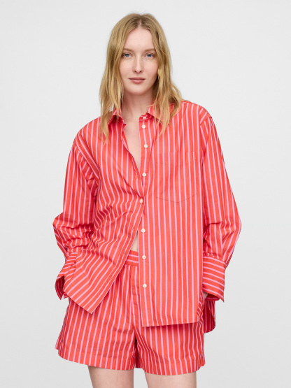 Organic Cotton Poplin Stripe Big Shirt - Pink and red stripe