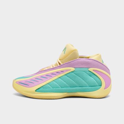 Big Kids' adidas Anthony Edwards 2 Basketball Shoes - Almost Yellow/Bliss Lilac/Flash Aqua - Left shoe facing left. Outside of the shoe.