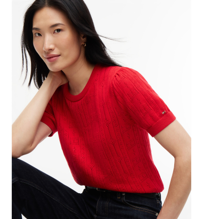 Tommy Hilfiger Women's Pointelle Puff-Sleeve Sweater - Red