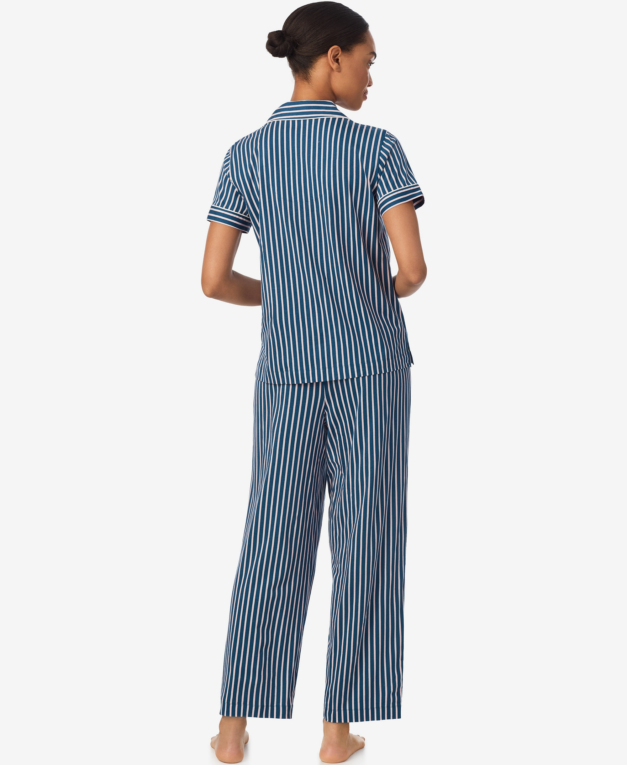 Lauren Ralph Lauren Women's Short-Sleeve Top and Ankle-Length Pajama Pants, 2-Piece Set - Navy and White Stripe