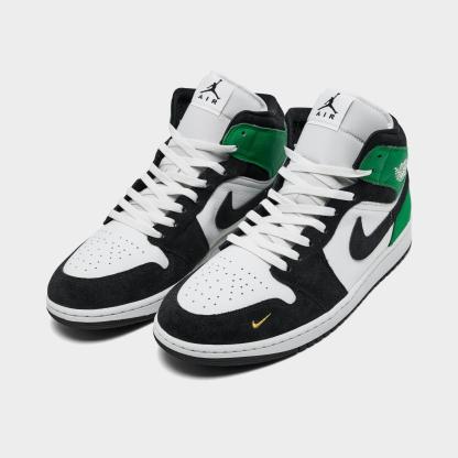 Men's Air Jordan Retro 1 Mid SE Casual Shoes - Summit White/Lucky Green/University Gold/Black - Left shoe facing left. Outside of the shoe. - view 2
