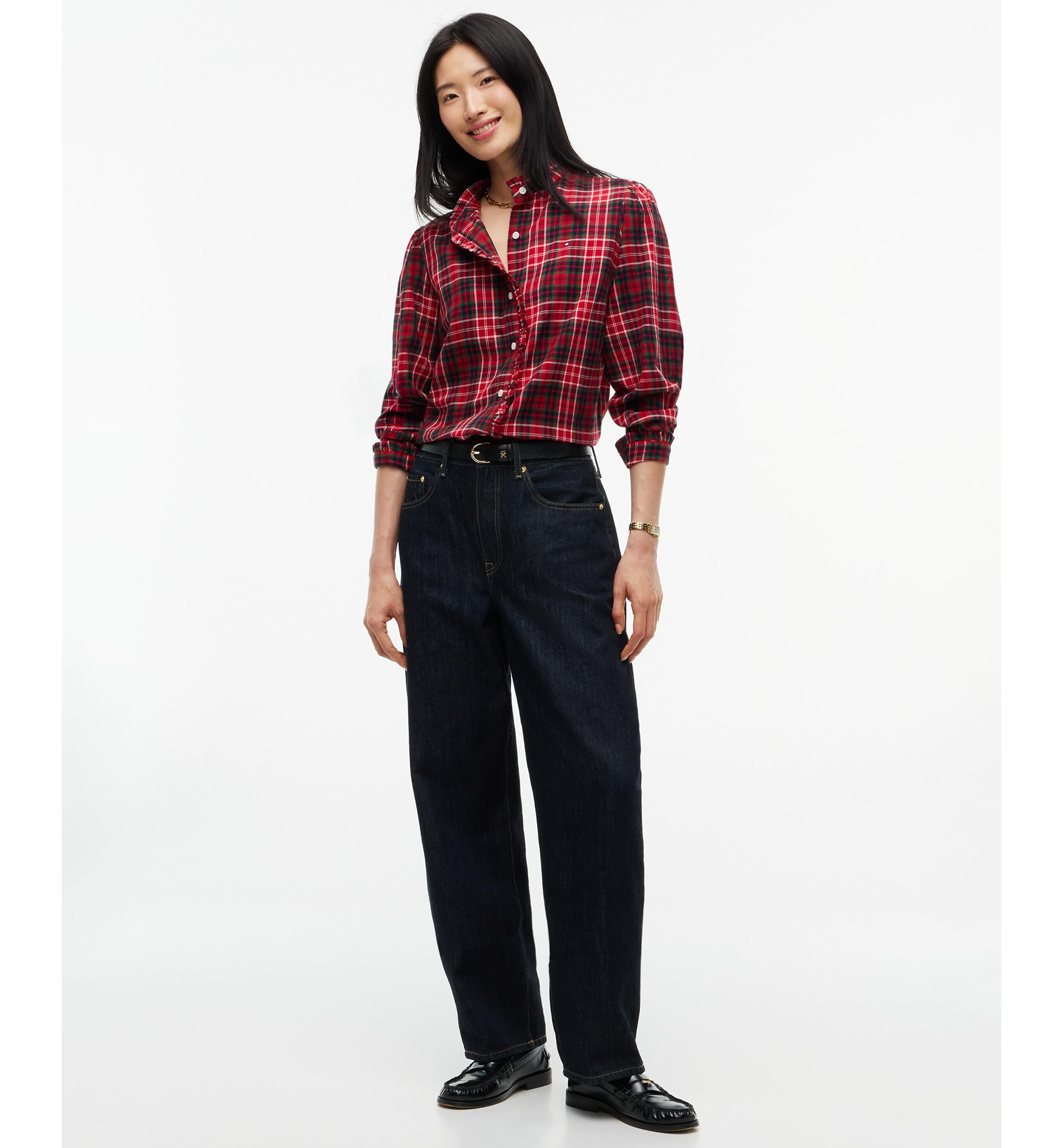 Tommy Hilfiger Women's Plaid Frill Flannel Shirt - Dark Tartan Red