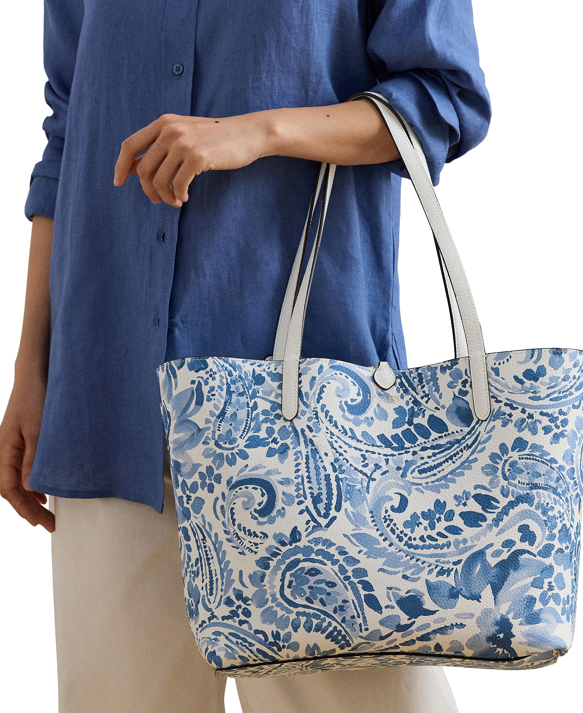 Lauren Ralph Lauren Faux-Leather Reversible Extra Large Tote Handbag - White/Floral