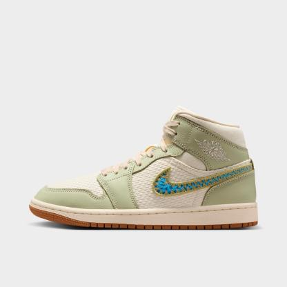 Women's Air Jordan 1 Mid SE Casual Shoes - Olive Aura/Lawn/University Blue/Pearl White - view 1