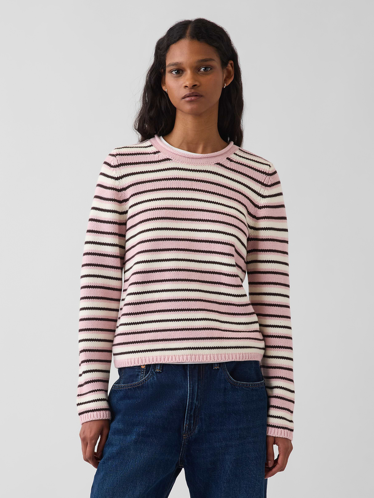 100% Cotton Rollneck Sweater - Pink stripe