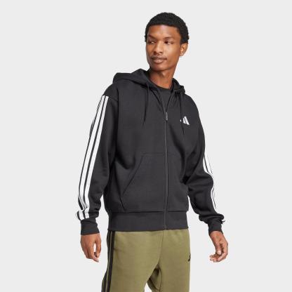 Men's adidas Essentials 3-Stripes Fleece Full-Zip Hoodie - Black/White
