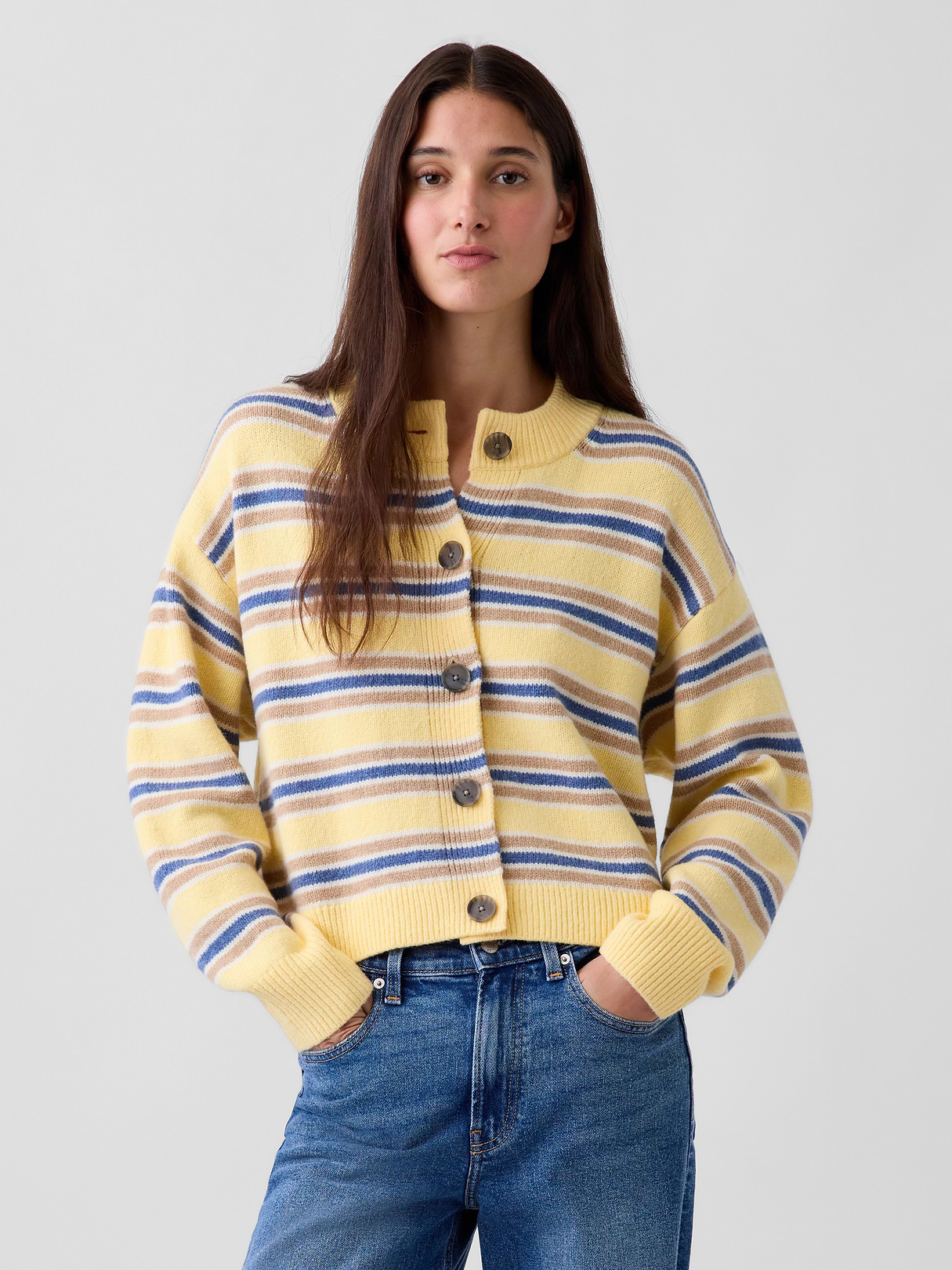 CashSoft Oversized Chunky Cardigan - Yellow & blue stripe
