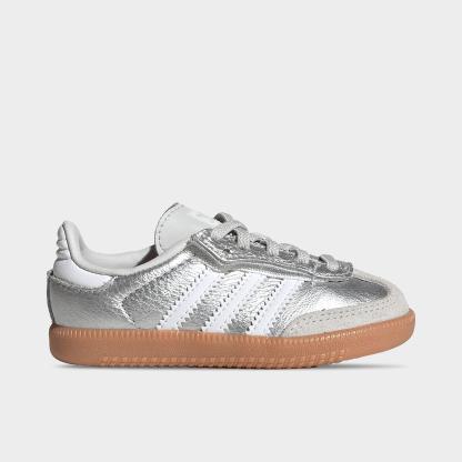 Kids' Toddler adidas Originals Samba OG Comfort Closure Stretch Lace Casual Shoes - Silver Metallic/Cloud White/Gum - Left shoe facing left. Outside of the shoe.