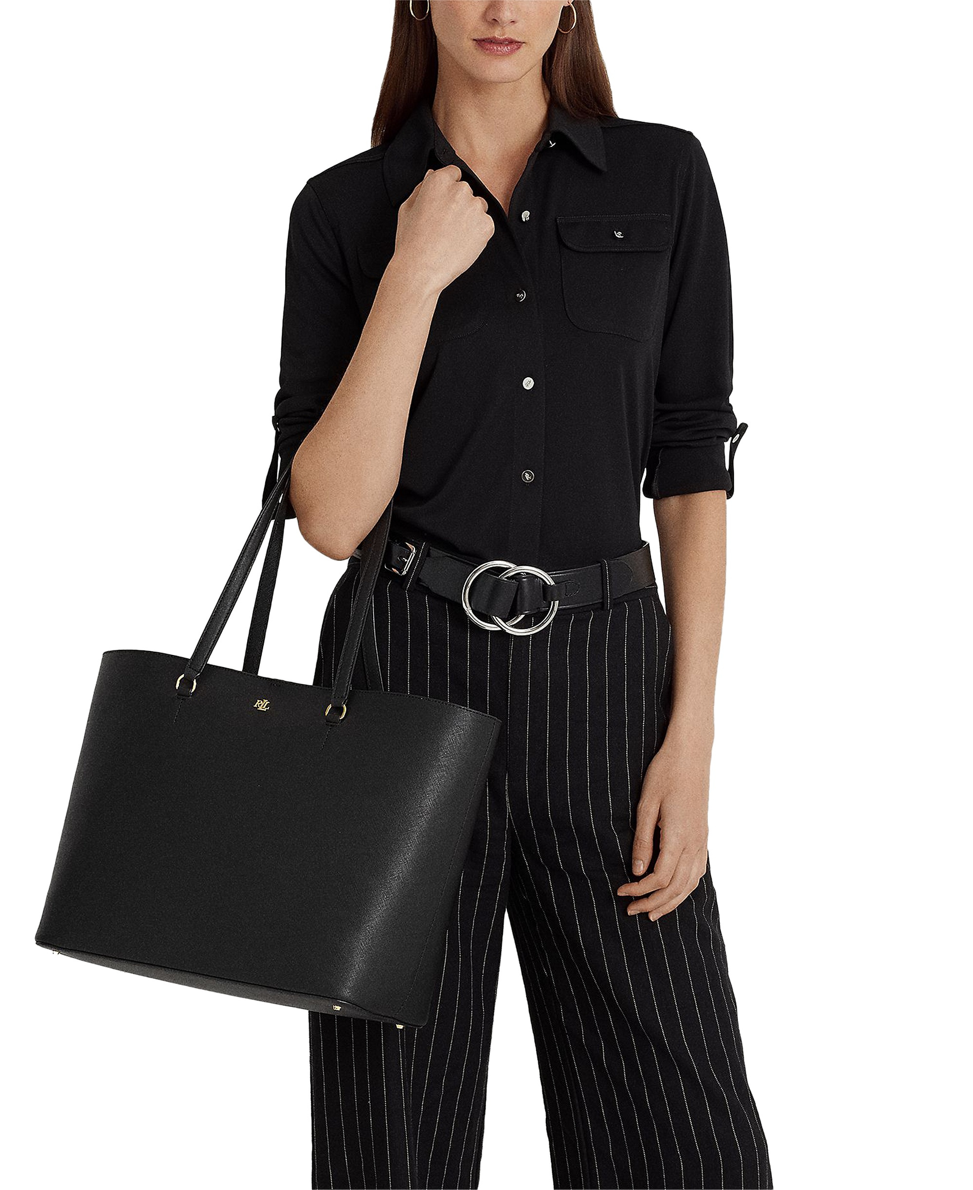 Lauren Ralph Lauren Karly Crosshatch Leather Large Tote - Black