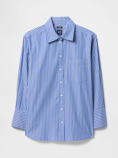 Organic Cotton Poplin Stripe Big Shirt - Blue stripe