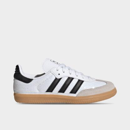 Little Kids' adidas Originals Samba OG Casual Shoes - Footwear White/Core Black/Grey One - Left shoe facing left. Outside of the shoe.