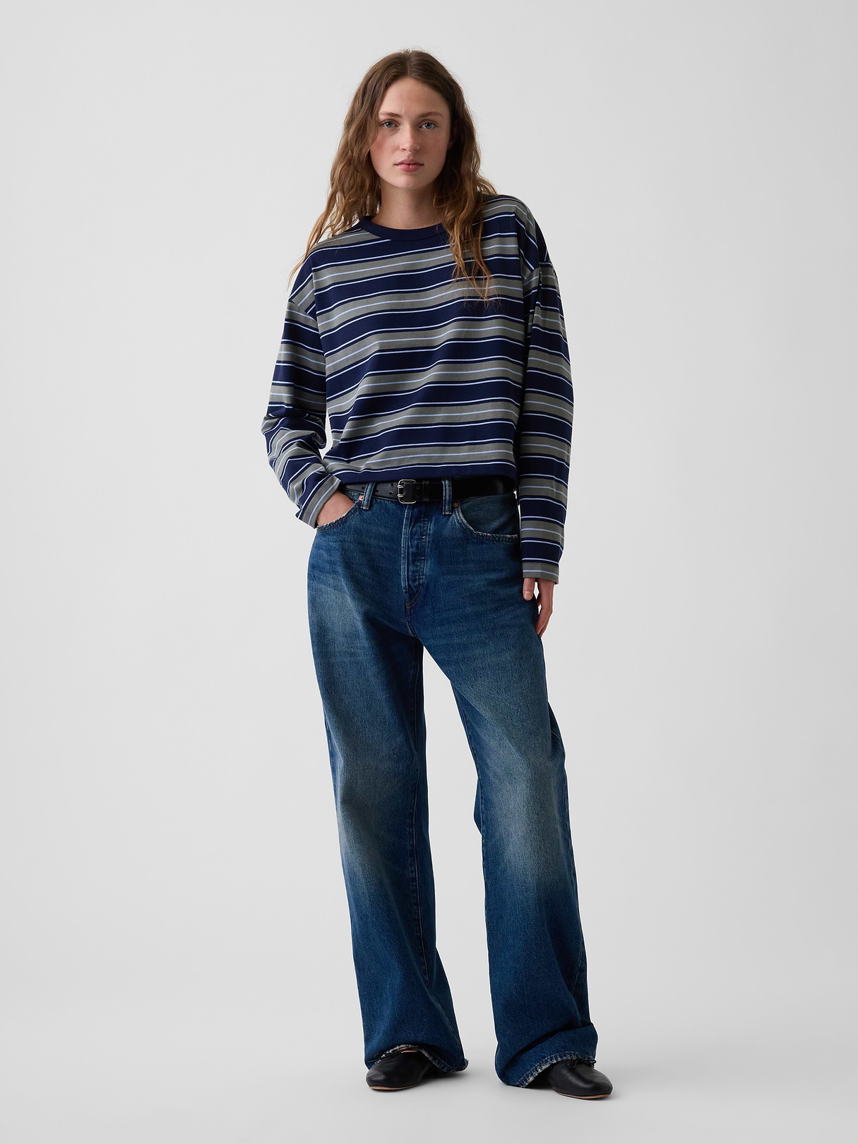 Knit Oversized Crop T-Shirt - Castor grey & navy blue stripe