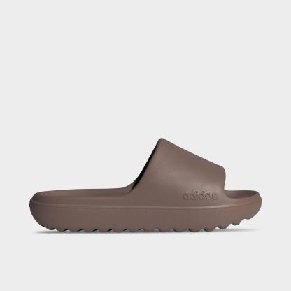 Men's adidas adilette Lumia Slide Sandals - Trace Brown/Trace Brown/Trace Brown - Left shoe facing left. Outside of the shoe.