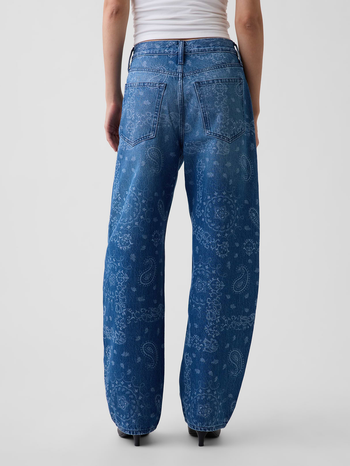 High Rise Barrel Cargo Jeans - Blue bandana print