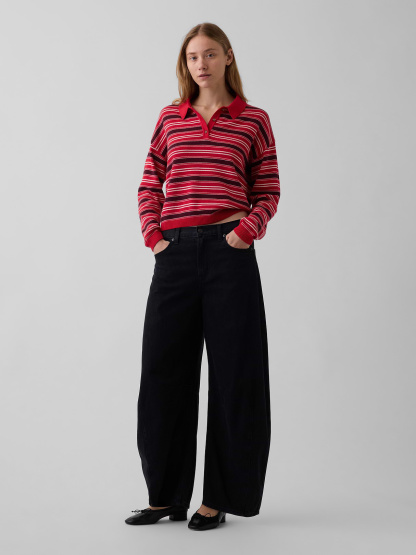 100% Cotton Relaxed Polo Sweater - Brown & red stripe