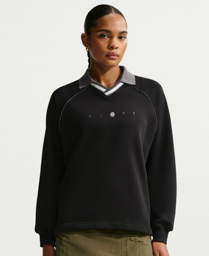 Nike Women's Sportswear Phoenix Fleece Graphic Polo Oversized Top - Black