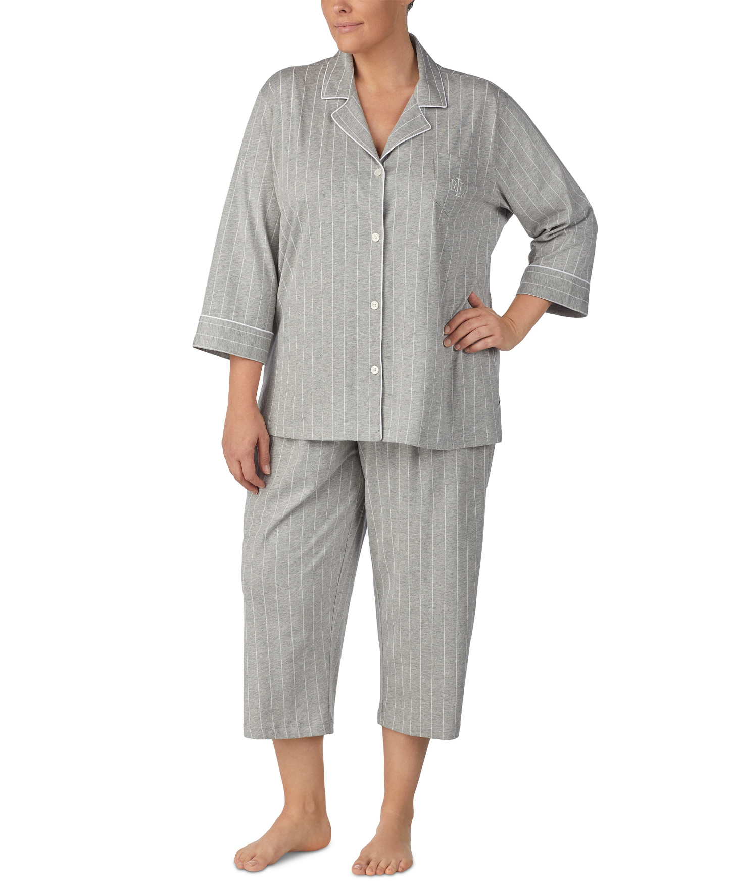 Lauren Ralph Lauren Womens 3/4 Sleeve Cotton Notch Collar Capri Pant Pajama Set - Gryst