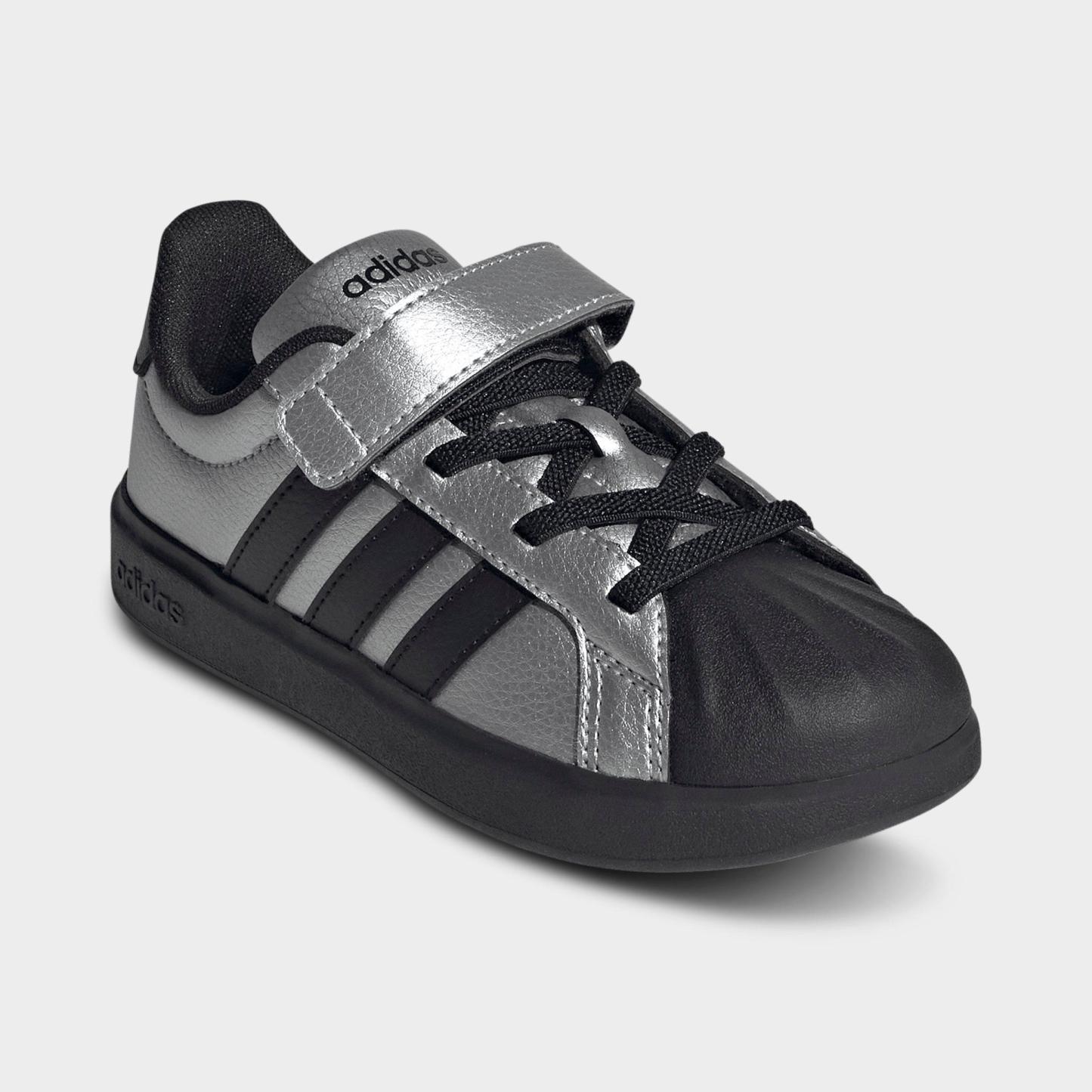 Girls' Little Kids' adidas Streettalk Stretch Lace Hook-And-Loop Casual Shoes - Silver Metallic/Core Black/Silver Metallic - Both shoes facing left