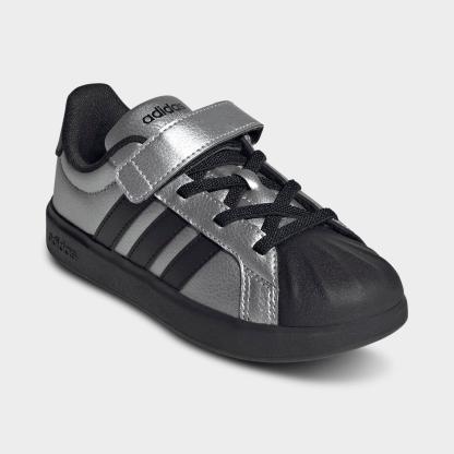 Girls' Little Kids' adidas Streettalk Stretch Lace Hook-And-Loop Casual Shoes - Silver Metallic/Core Black/Silver Metallic - Both shoes facing left