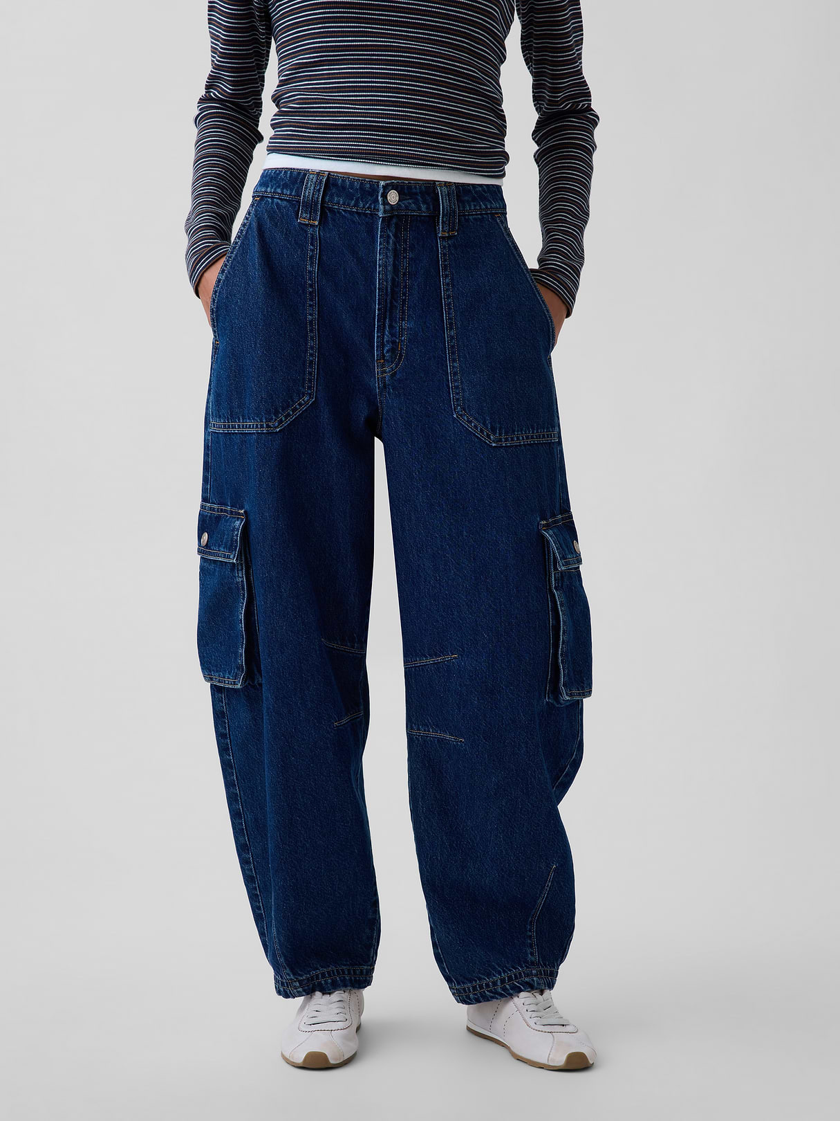 High Rise Barrel Cargo Jeans - Dark wash