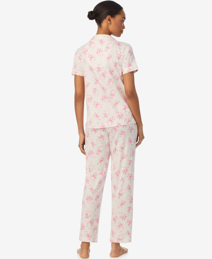 Lauren Ralph Lauren Women's Short-Sleeve Top and Ankle-Length Pajama Pants, 2-Piece Set - Pink and Cream Floral