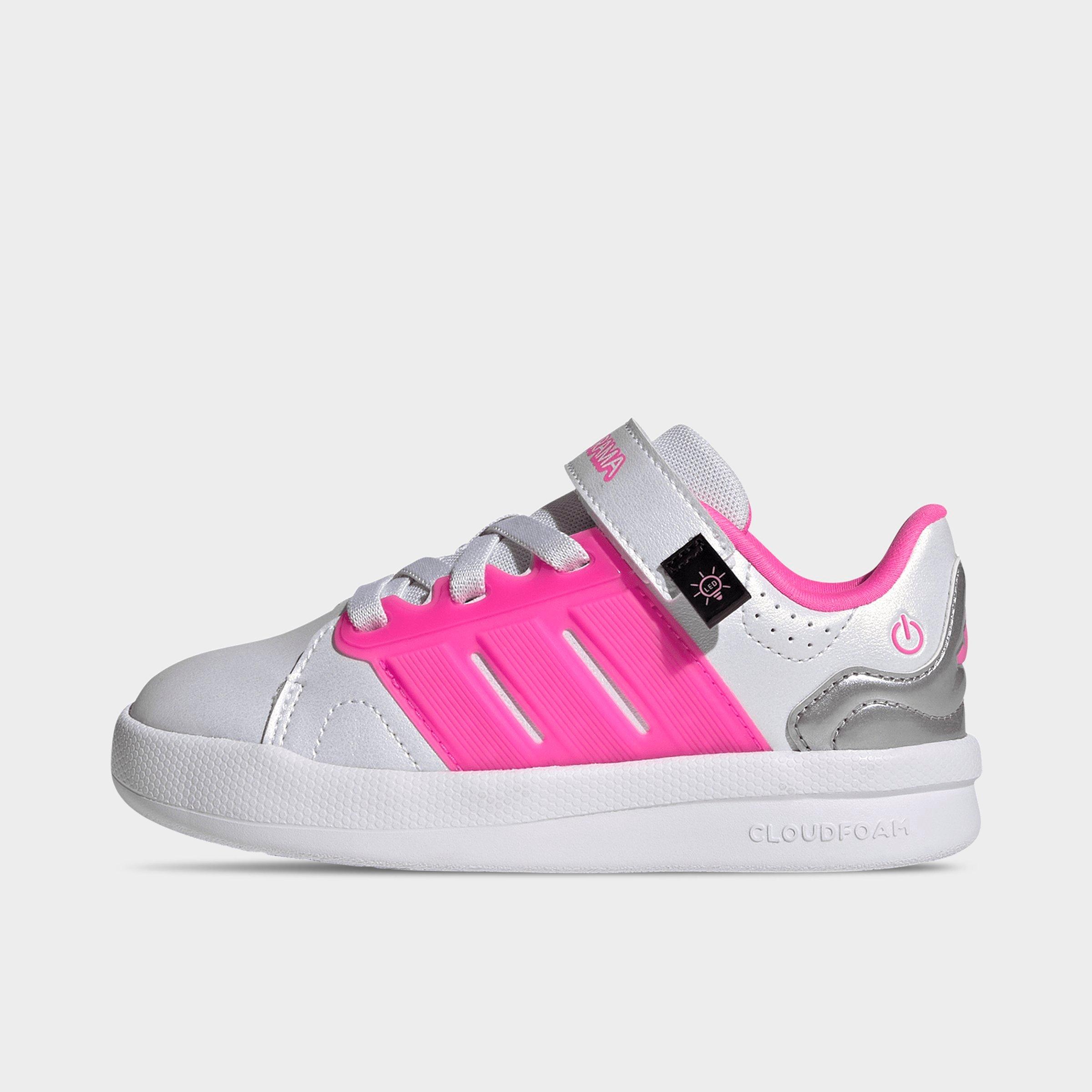 Little Kids' adidas x Minecraft Lightorama Court Stretch Lace Hook-And-Loop Casual Shoes - White/Lucid Pink/Silver Metallic - Left shoe facing left. Outside of the shoe.