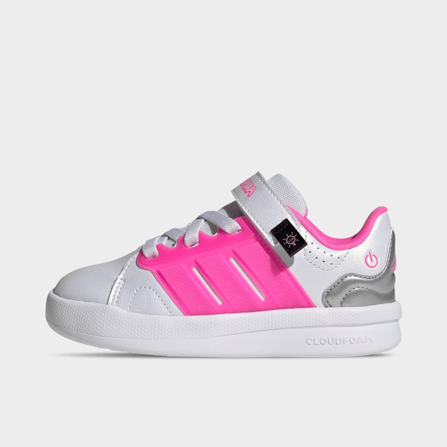 Little Kids' adidas x Minecraft Lightorama Court Stretch Lace Hook-And-Loop Casual Shoes - White/Lucid Pink/Silver Metallic - Left shoe facing left. Outside of the shoe.