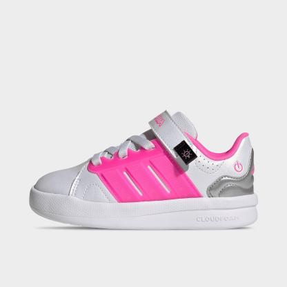Little Kids' adidas x Minecraft Lightorama Court Stretch Lace Hook-And-Loop Casual Shoes - White/Lucid Pink/Silver Metallic - Left shoe facing left. Outside of the shoe.