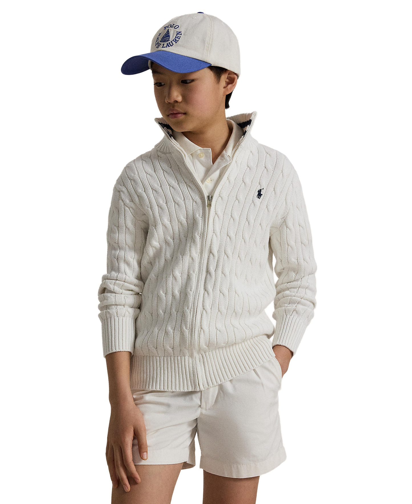 Polo Ralph Lauren Boys' 8-20 Cable-Knit Cotton Full-Zip Sweater - White