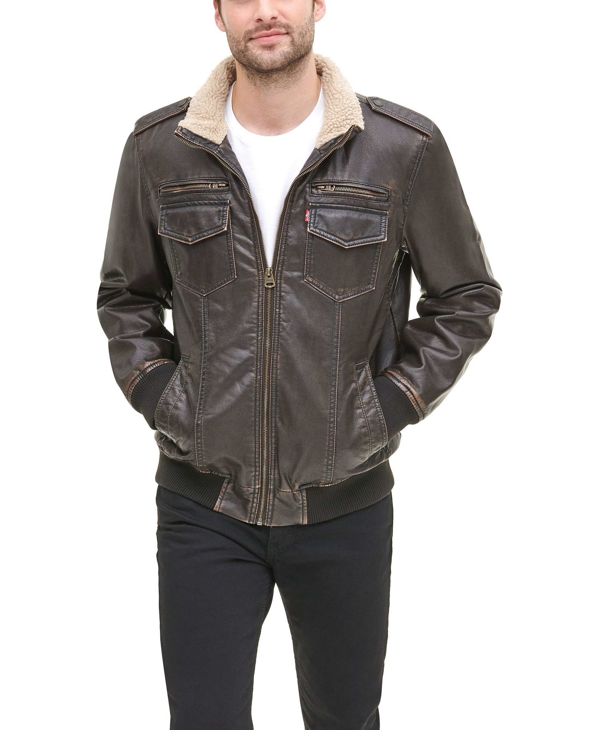 Levi's Men's Sherpa Lined Faux Leather Aviator Bomber - Dark Brown
