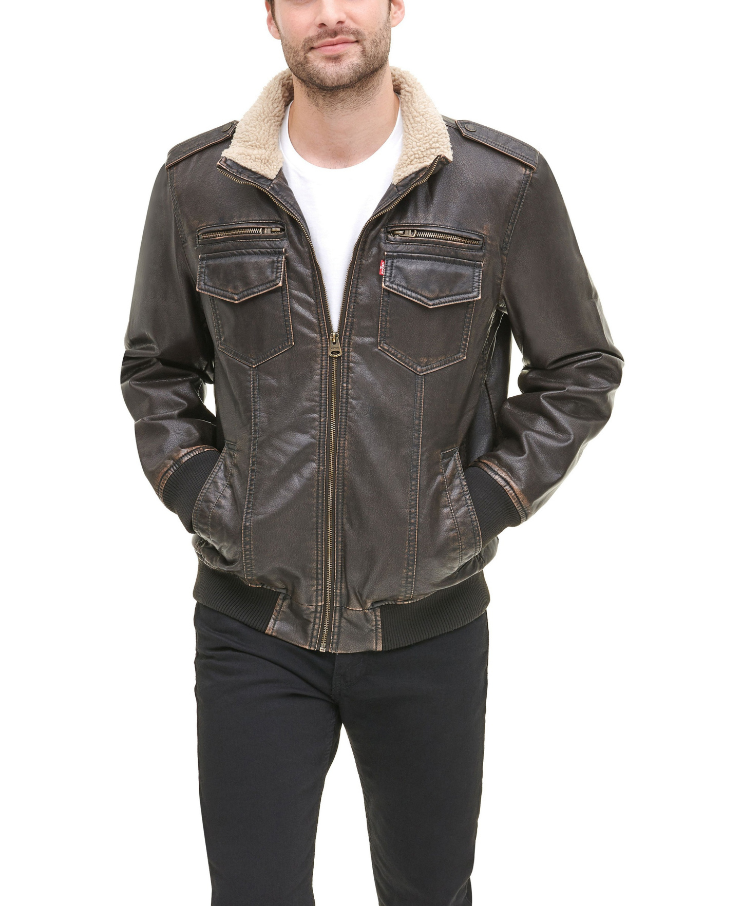 Levi's Men's Sherpa Lined Faux Leather Aviator Bomber - Dark Brown